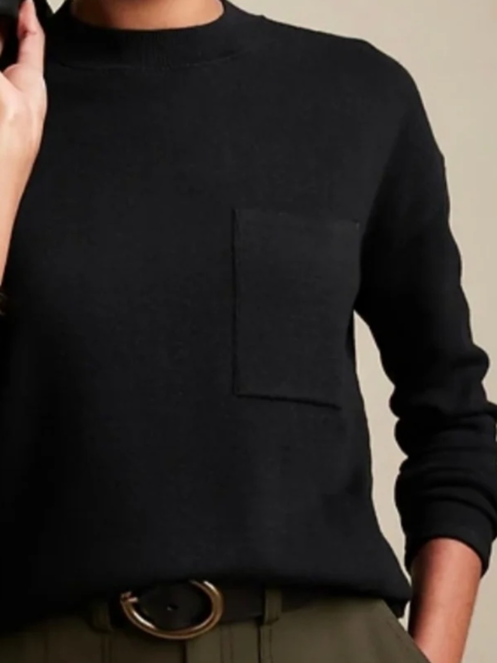 Banana Republic Black Knit Mock Neck Chest Pocket Sweater Pullover, Small